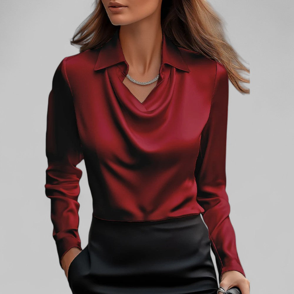 Women's satin blouse with draped neckline
