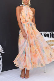 Dames zomerjurk maxi met halterneck en open rug - Oranje met print
