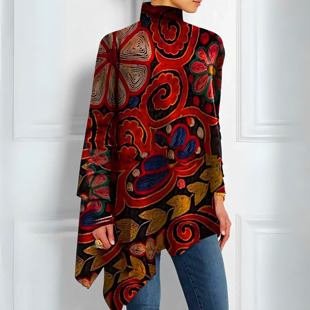 Dames coltrui met print | Asymmetrische trui met bloemenpatroon