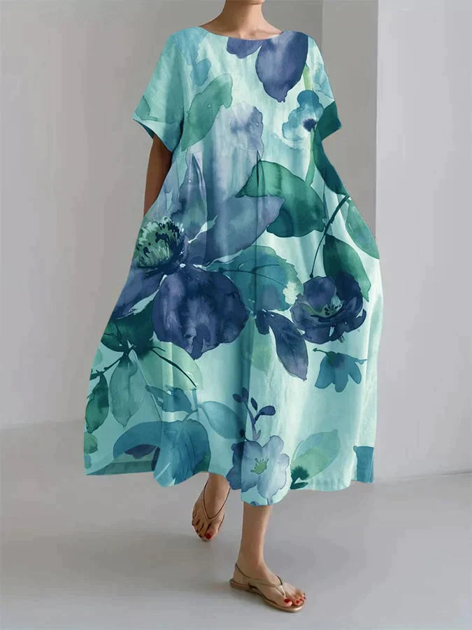 Dames midi zomerjurk met botanische bloemenprint
