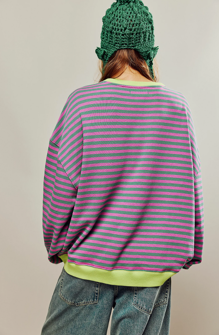 Dames Oversized Sweater met Streepdessin | Ruime Trui met Contrasterende Hals