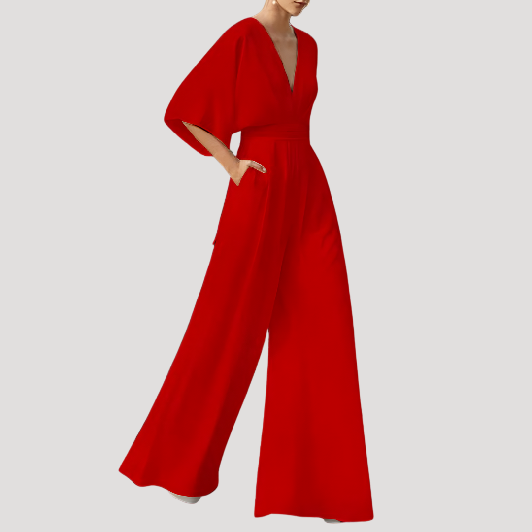 Dames zomerjumpsuit met V-hals en wijde pijpen