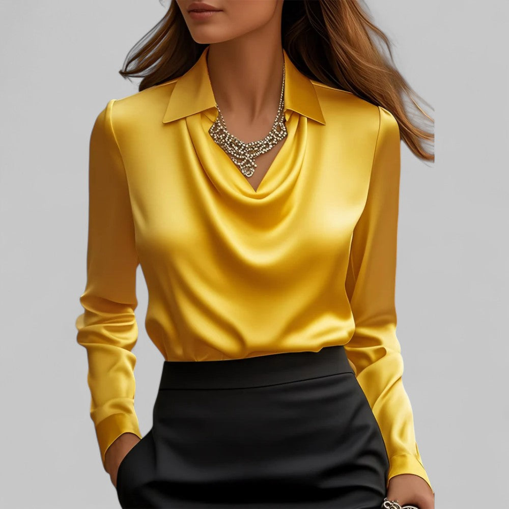 Women's satin blouse with draped neckline