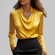 Women's satin blouse with draped neckline