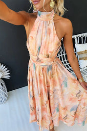 Dames zomerjurk maxi met halterneck en open rug - Oranje met print
