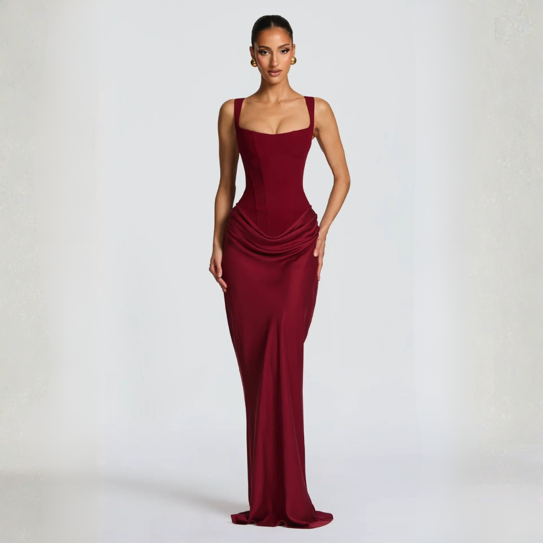 Women's evening dress with square neckline and pleated maxi silhouette
