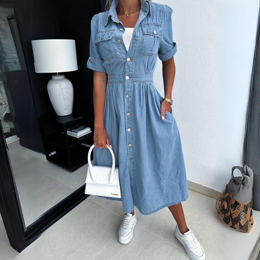 Dames zomerjurk denim met knopen en ceintuur