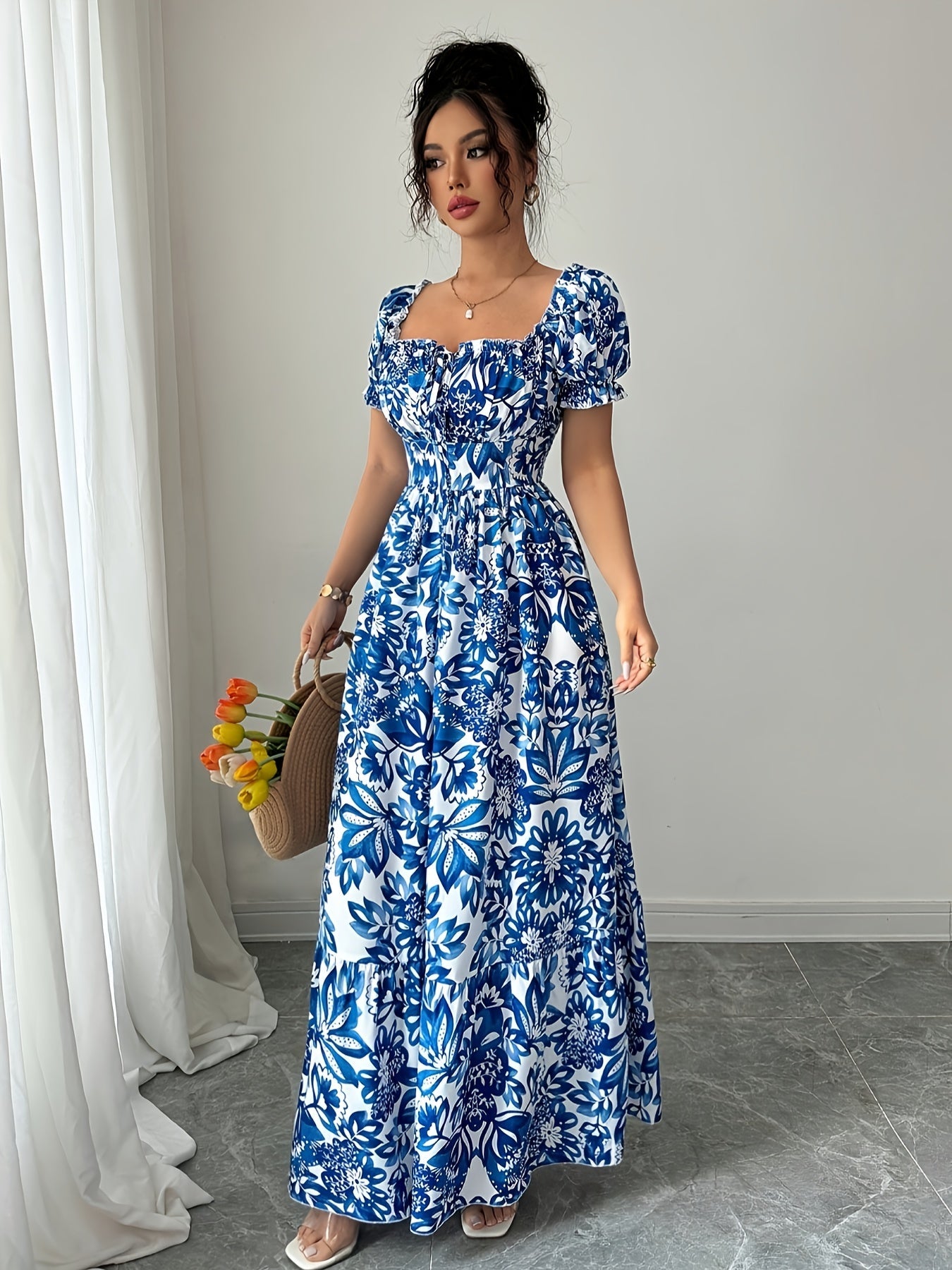 Dames zomerjurk maxi met print en korte pofmouwtjes
