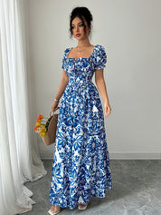 Dames zomerjurk maxi met print en korte pofmouwtjes