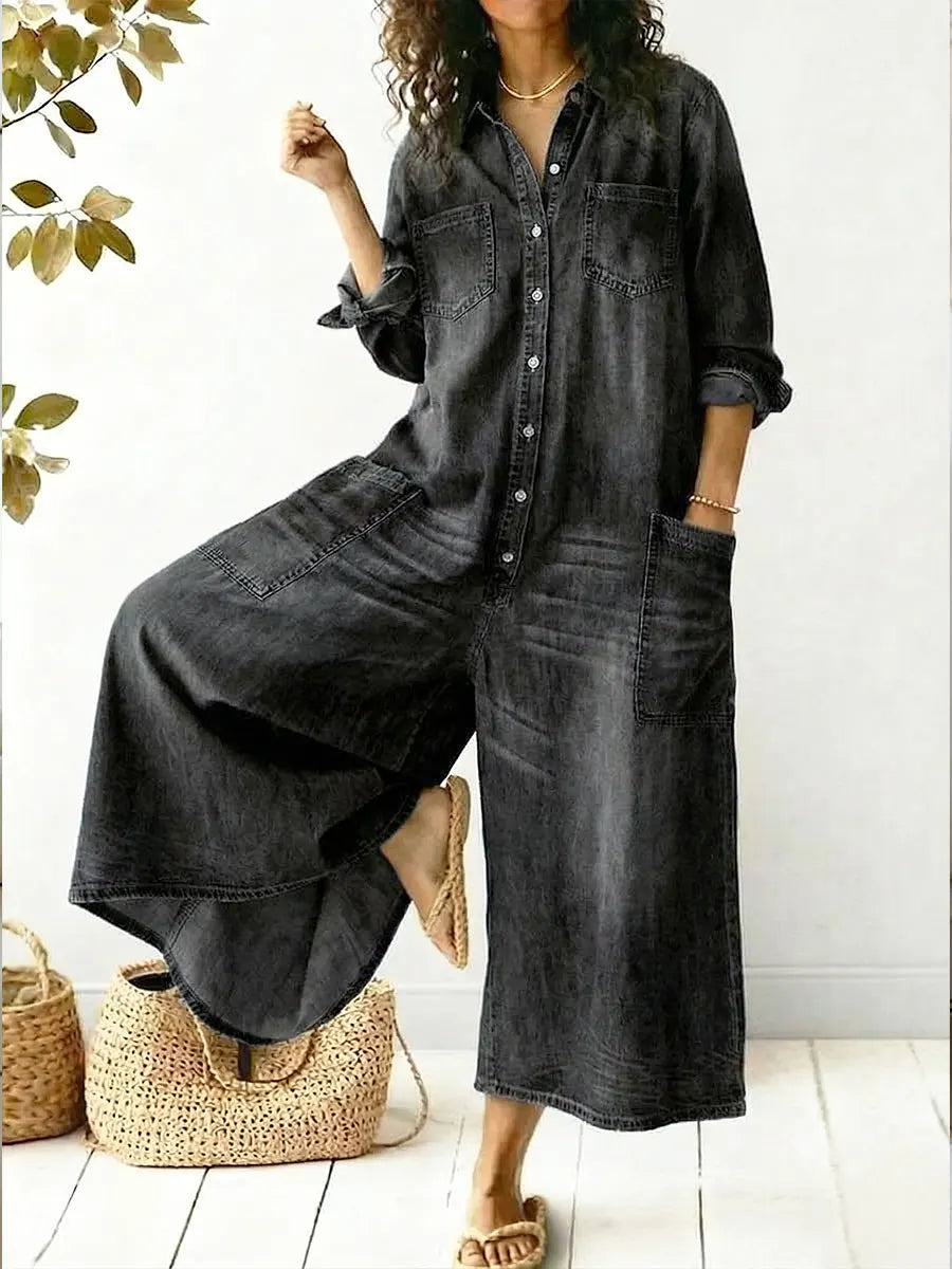Dames denim jumpsuit wijd met knoopsluiting en zakken