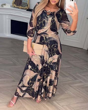 Dames maxzomerjurk A-lijn - Beige met zwarte print