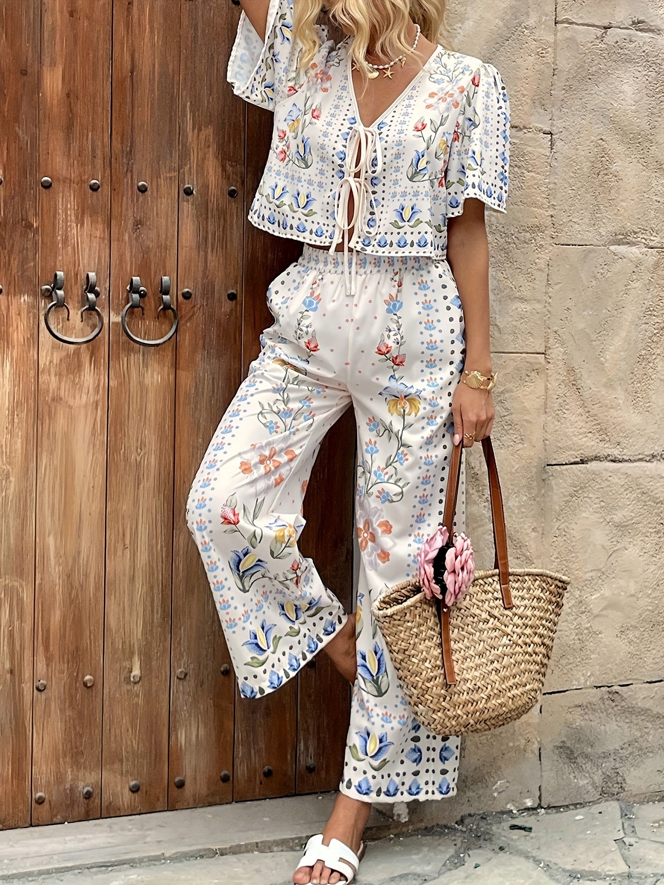 Dames zomerset met bloemenprint - Broek en vestje