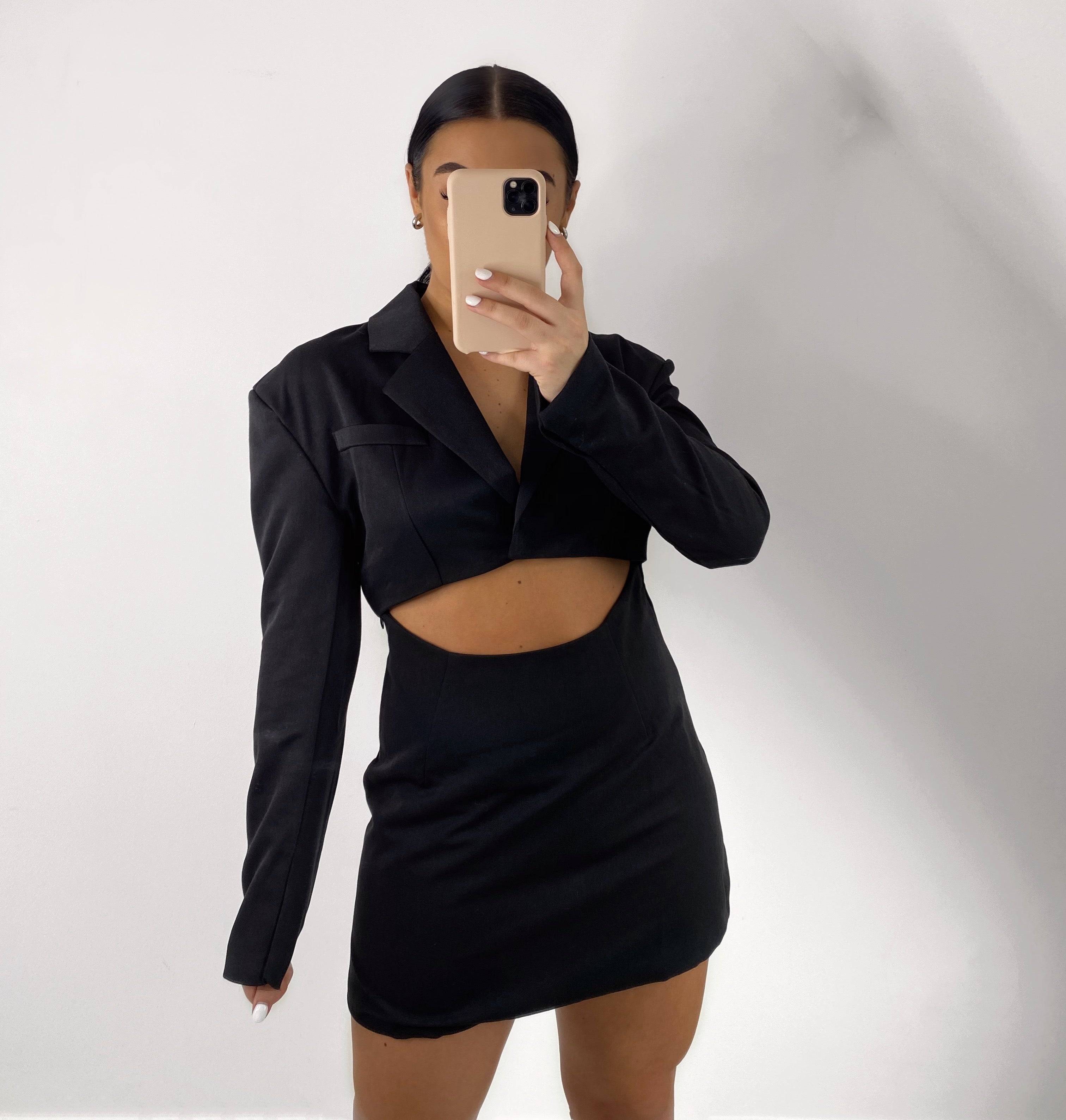 Dames blazer jurk met cut-out - Cropped blazer en mini rok look