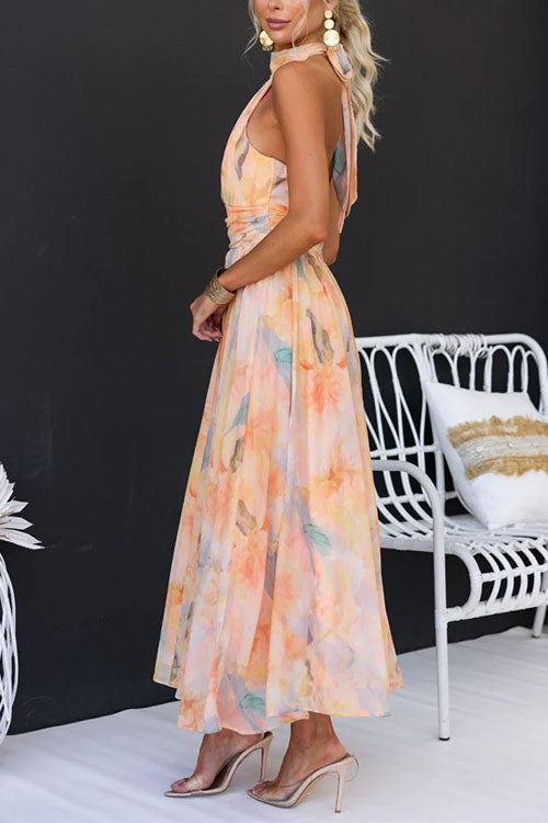 Dames zomerjurk maxi met halterneck en open rug - Oranje met print
