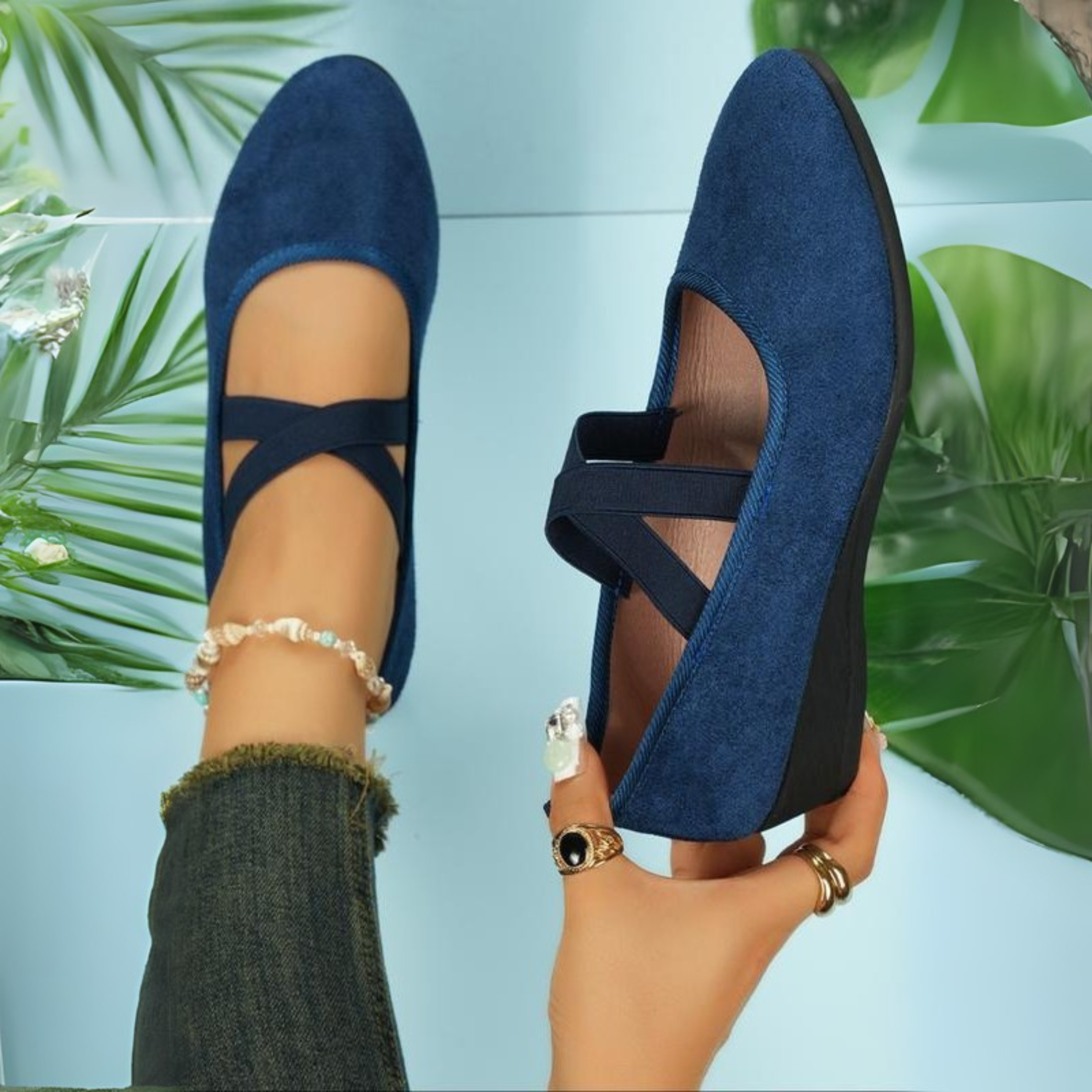 Women's ballerina flats with wedge heel and strap