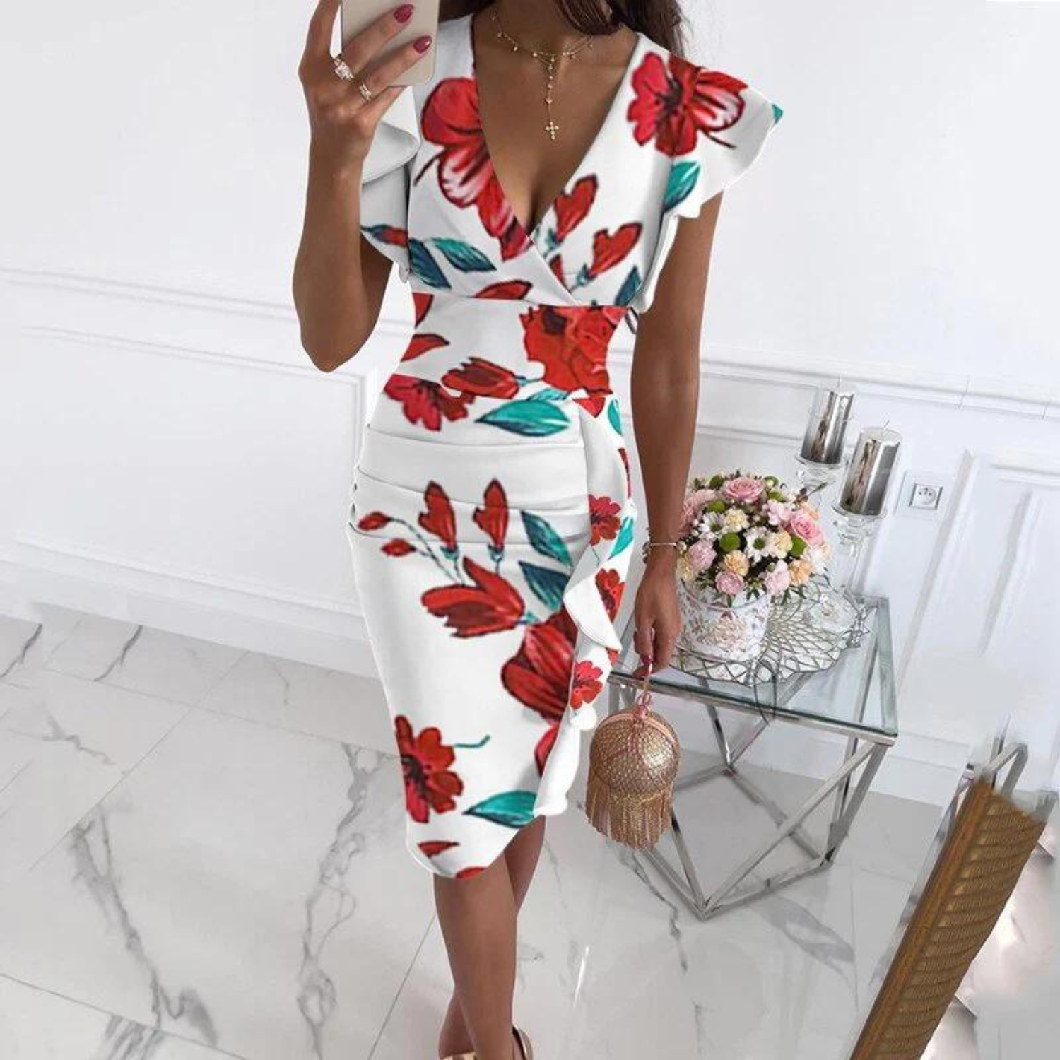 Dames zomerjurk midi met V-hals en korte mouwen