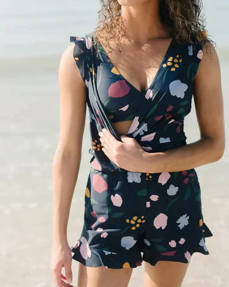 Women's swimsuit V-neck with built-in shorts and bra