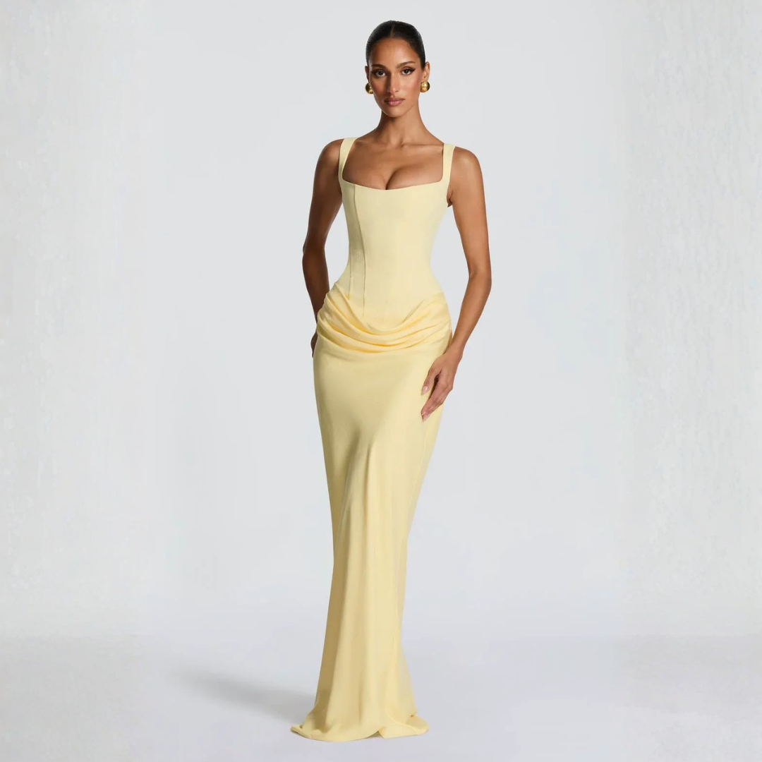 Women's evening dress with square neckline and pleated maxi silhouette