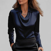 Women's satin blouse with draped neckline