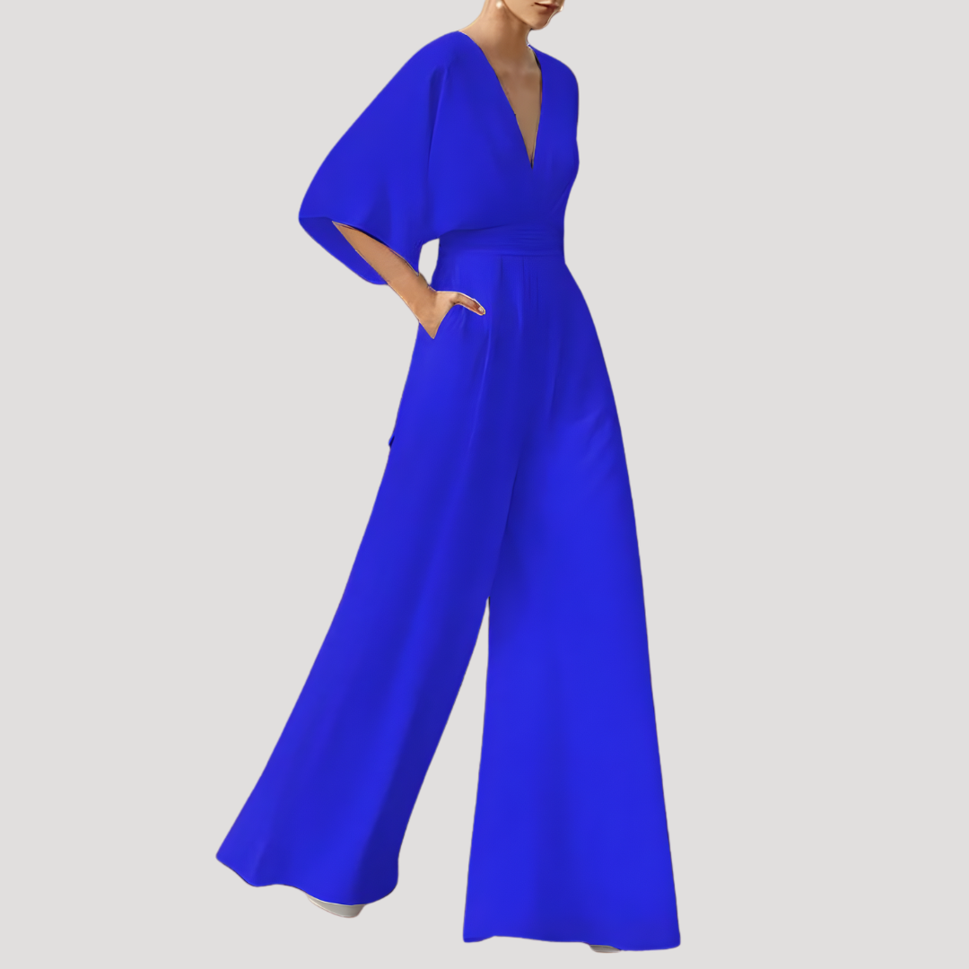 Dames zomerjumpsuit met V-hals en wijde pijpen