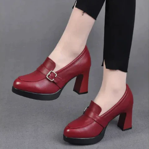 Dames Instappers met Hoge Blokhak | Loafers Stijl met Gespdetail
