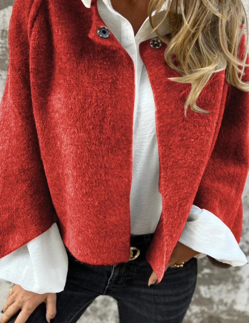 Dames Kort Jack met Zachte Pluizige Textuur | Vest Stijl met Opstaande Hals