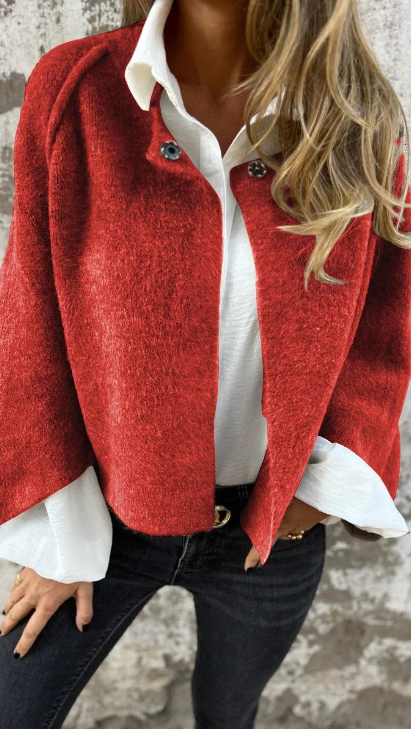 Dames Kort Jack met Zachte Pluizige Textuur | Vest Stijl met Opstaande Hals