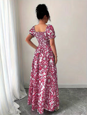 Dames zomerjurk maxi met print en korte pofmouwtjes