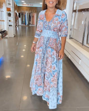 Dames Maxi Jurk Boho Print | Lange Jurk met V-Hals en Gesmokte Taille