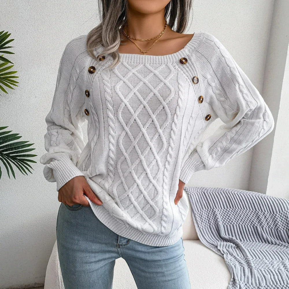 Dames kabeltrui | Warme trui met knoopdetails en ronde hals
