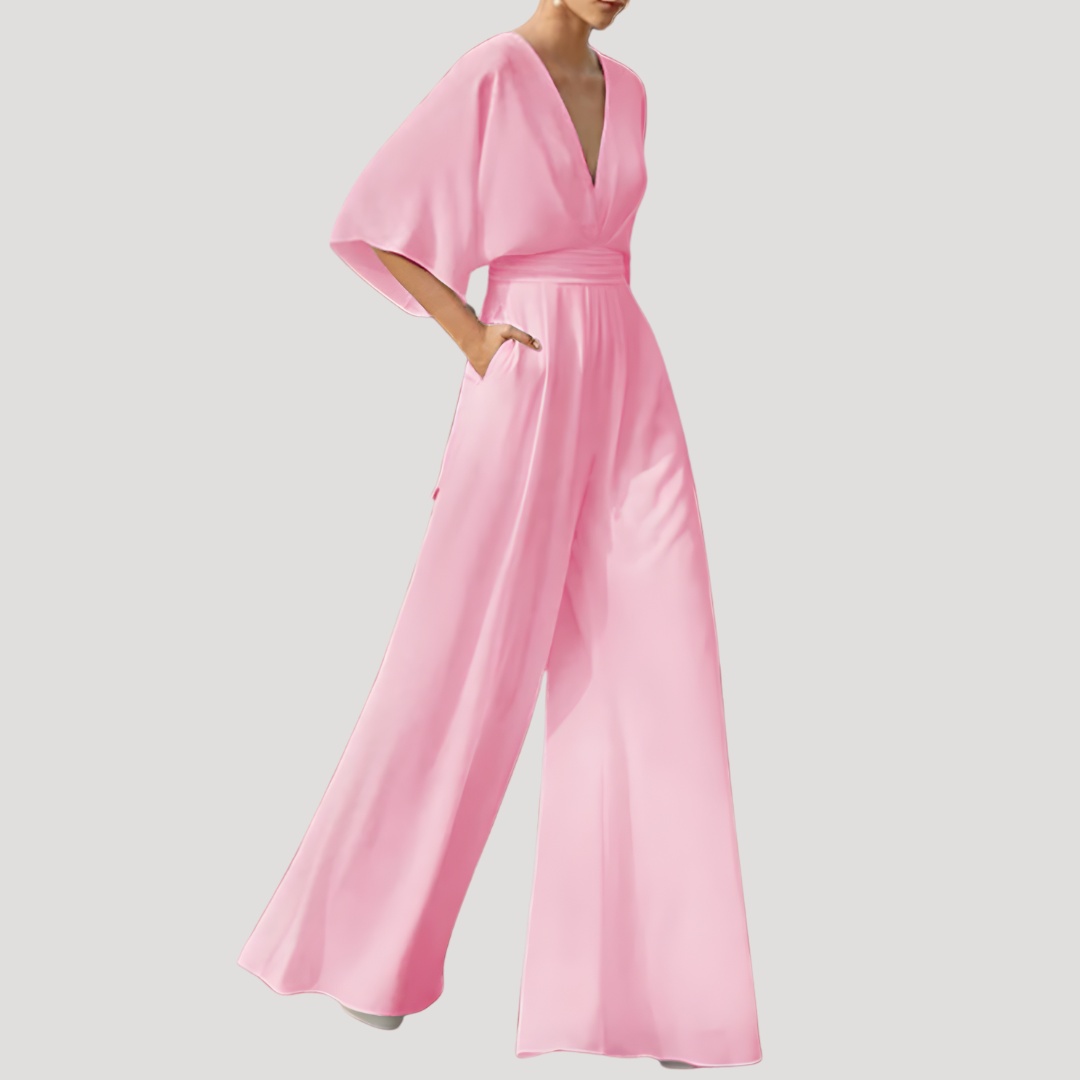 Dames zomerjumpsuit met V-hals en wijde pijpen