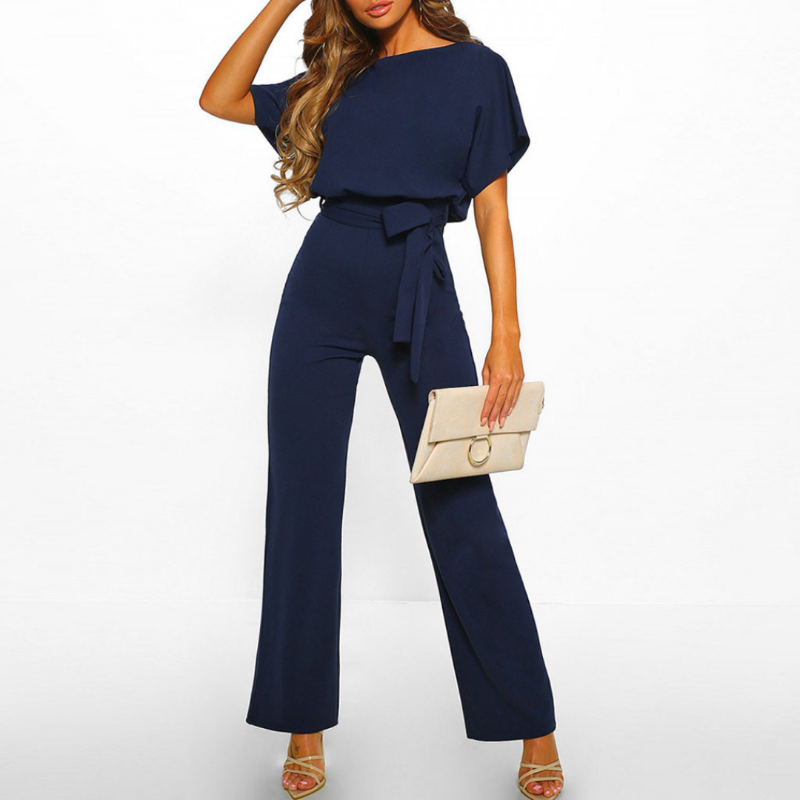 Dames zomerjumpsuit met wijde pijpen en korte mouwen