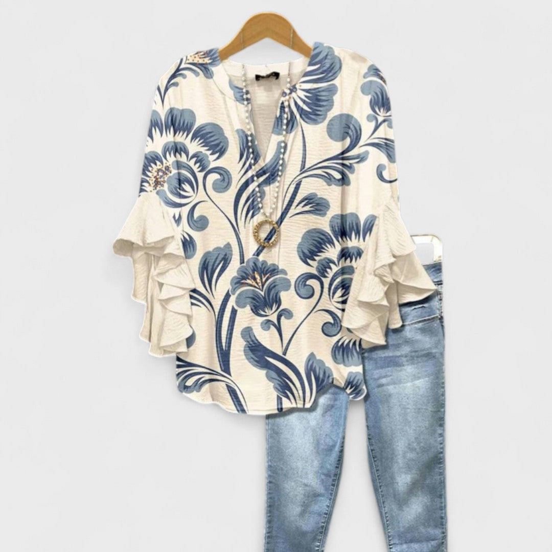 Bloemenprint Top met Ruches Mouwen en V-hals