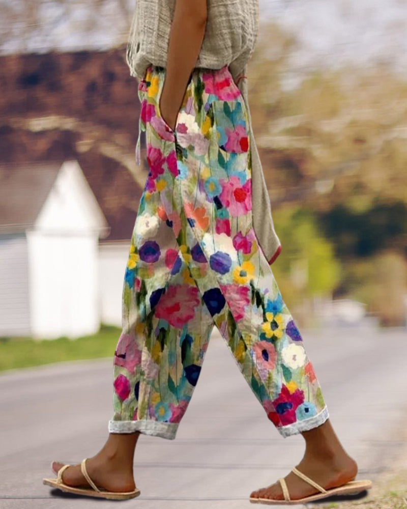 Dames broek | Losvallende bloemenprint broek met elastische taille