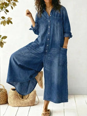 Dames denim jumpsuit wijd met knoopsluiting en zakken