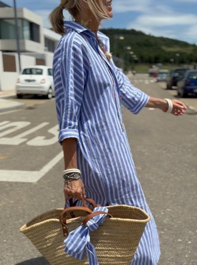 Dames Lange Overhemdjurk met Strepen | Shirt Dress met Knoopsluiting en Ceintuur