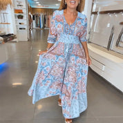 Dames Maxi Jurk Boho Print | Lange Jurk met V-Hals en Gesmokte Taille