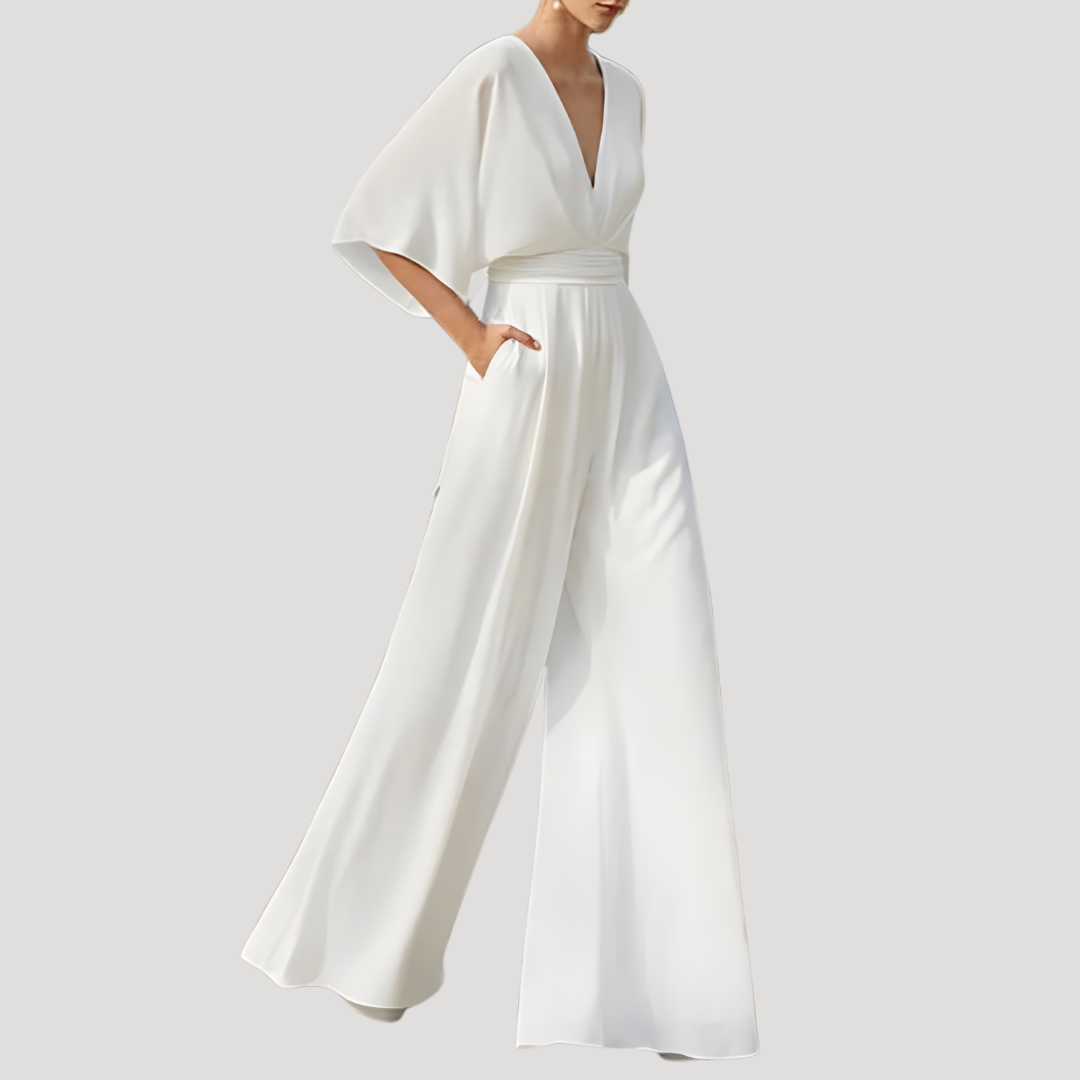 Dames zomerjumpsuit met V-hals en wijde pijpen