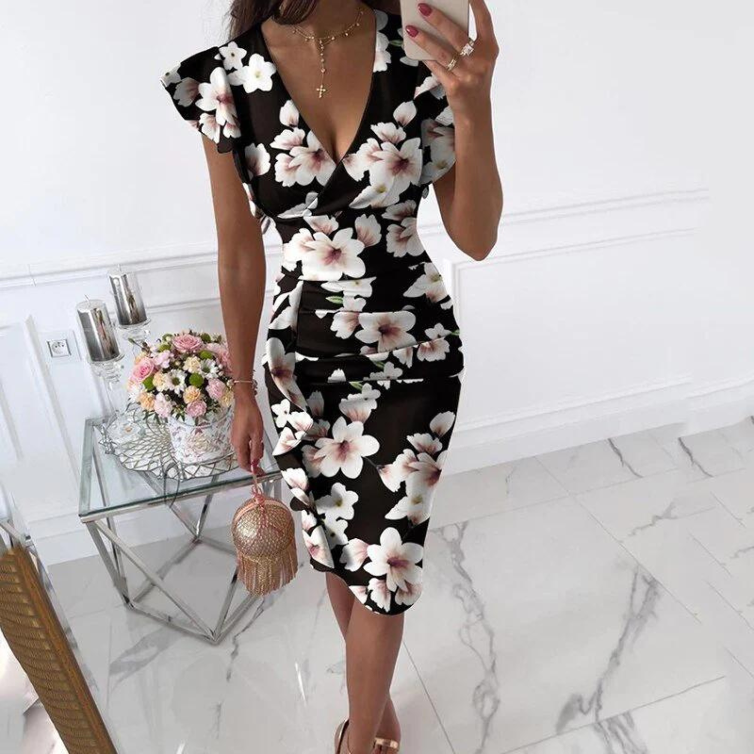 Dames zomerjurk midi met V-hals en korte mouwen