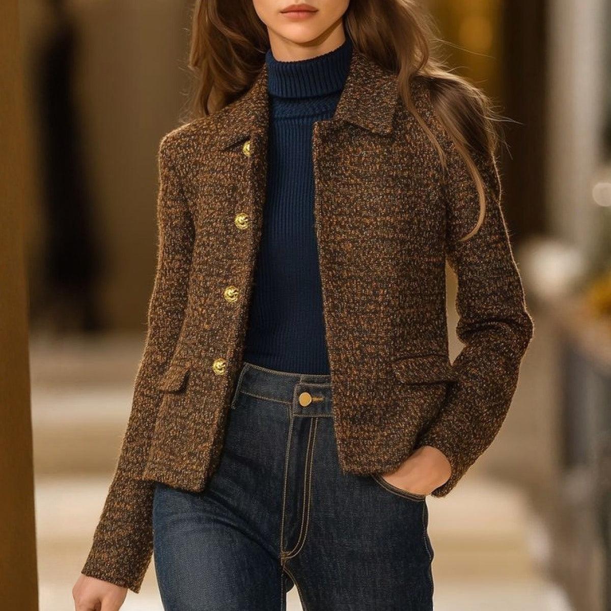 Dames Jasje | Geweven Stof | Goudkleurige Knopen | Kort Model | Bruin