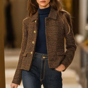 Dames Jasje | Geweven Stof | Goudkleurige Knopen | Kort Model | Bruin