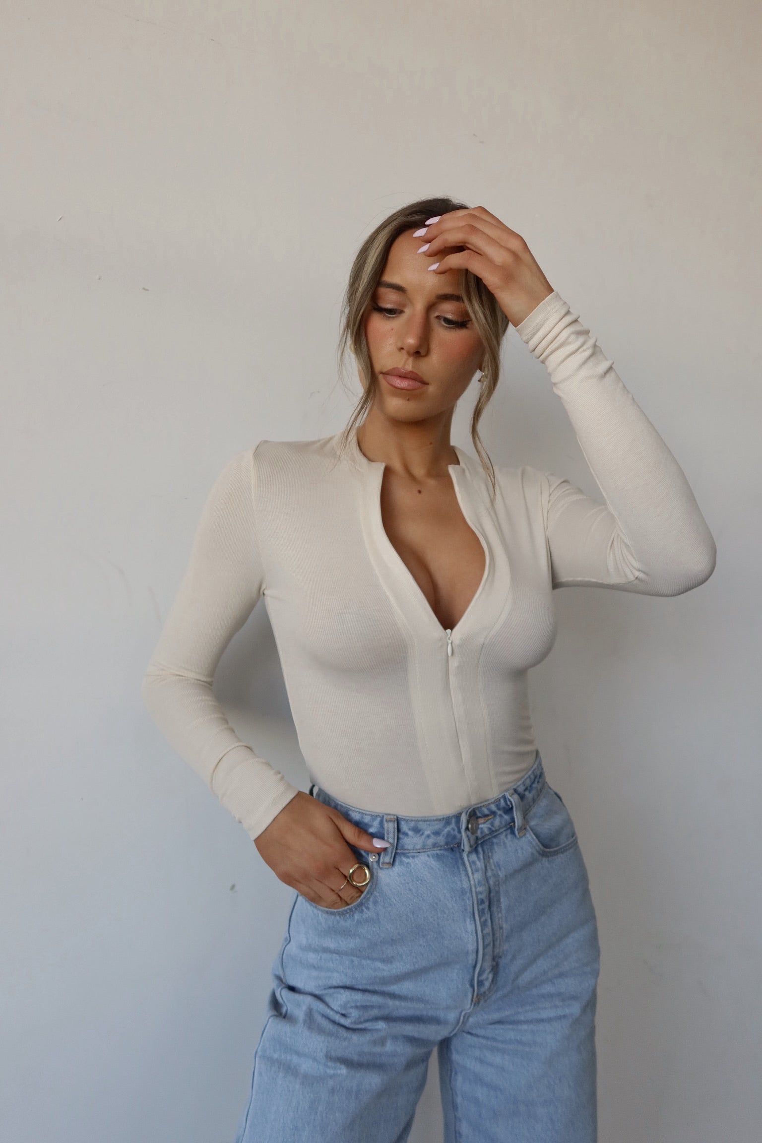 Dames basic top met rits | Slim fit en lange mouwen