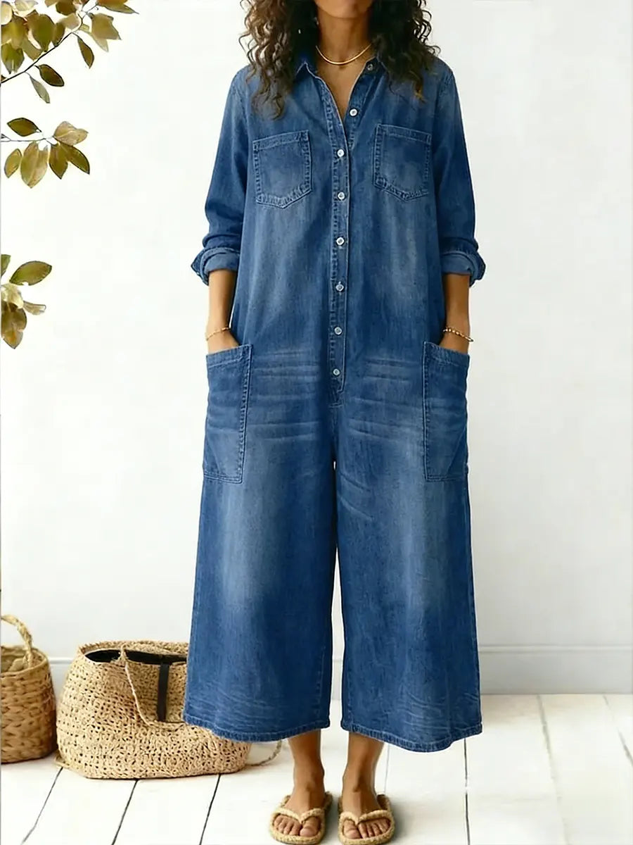 Dames denim jumpsuit wijd met knoopsluiting en zakken
