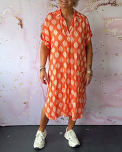 Women's midi shirt dress summer - Polka dots and short sleeves