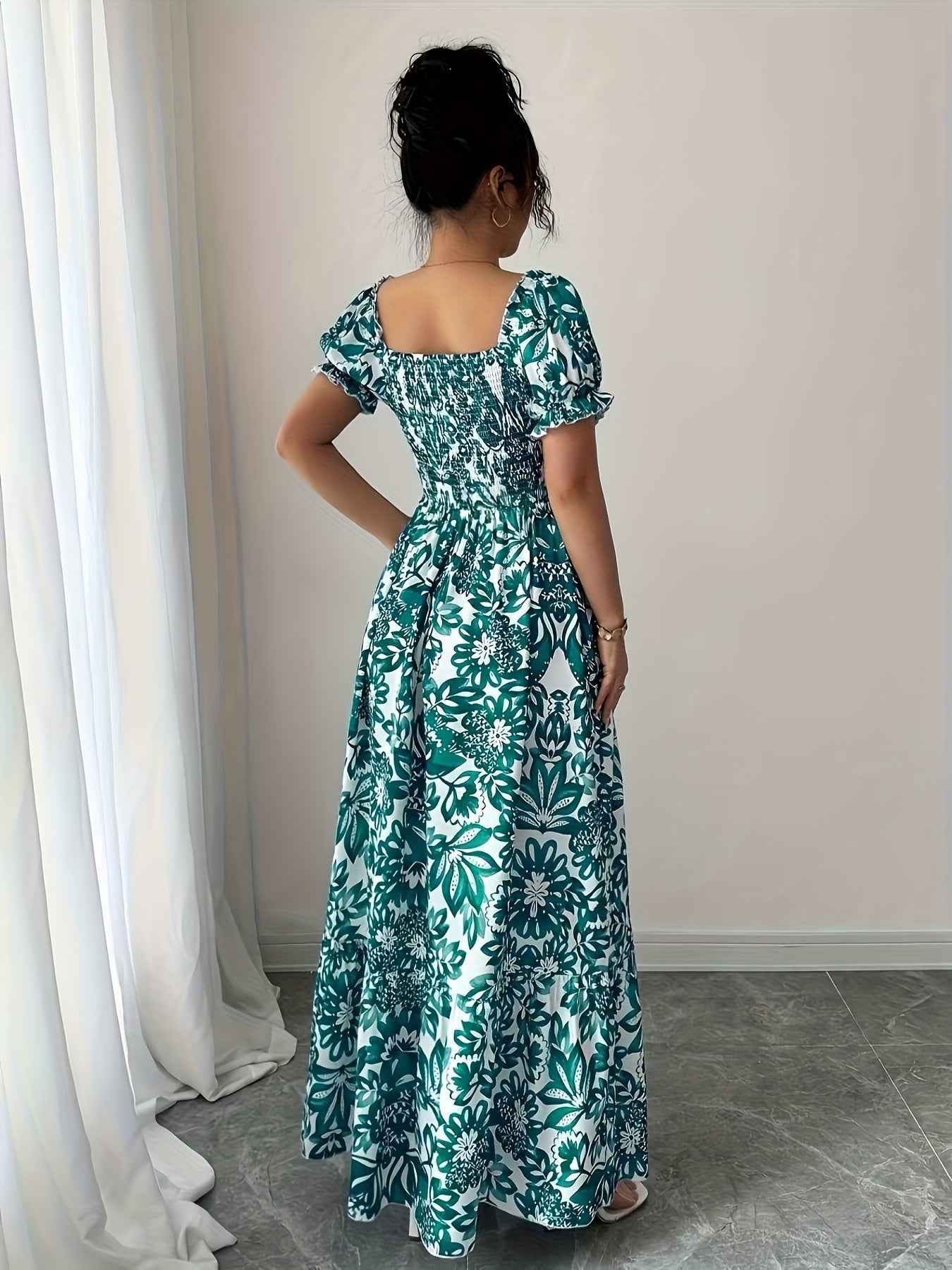 Dames zomerjurk maxi met print en korte pofmouwtjes