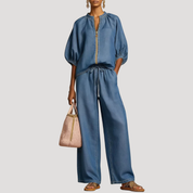Zomer Co-Ord Set met Ballonmouwen en Wijde Broek
