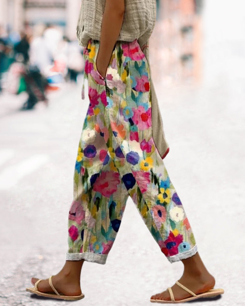 Dames broek | Losvallende bloemenprint broek met elastische taille