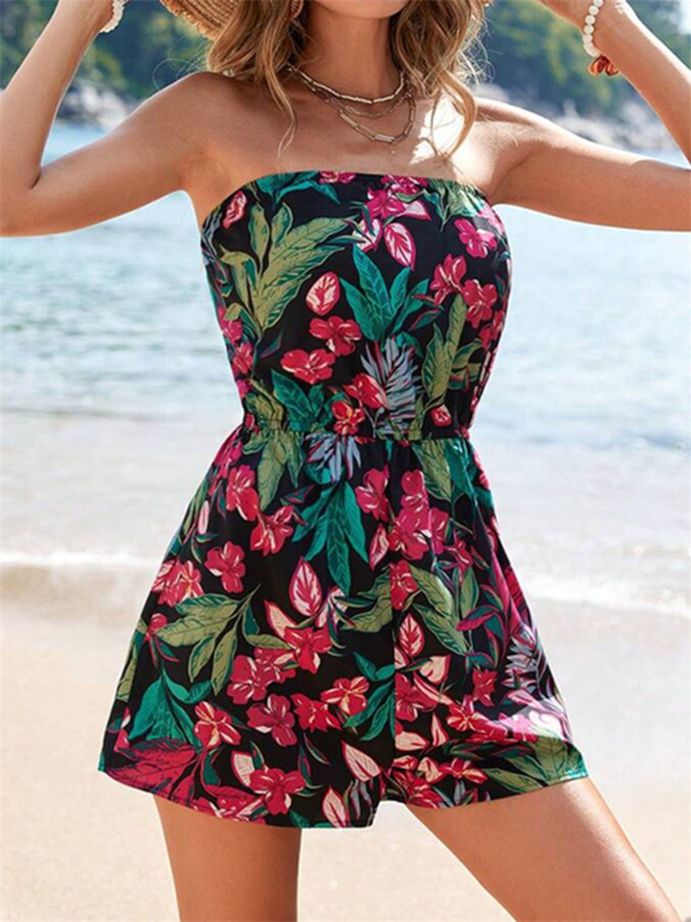 Dames zomerjumpsuit strapless met bloemenprint
