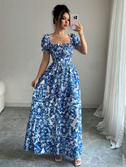 Dames zomerjurk maxi met print en korte pofmouwtjes