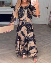 Dames maxzomerjurk A-lijn - Beige met zwarte print